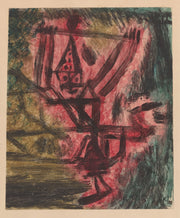 Paul Klee – Feuer Clown I (Fire Clown): Een expressieve figuur in rood en zwart met energieke lijnen op een donkere warmgekleurde achtergrond.