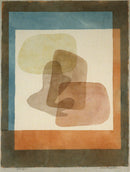 Paul Klee – Freies, streng gefasst (Free Forms Rigidly Mounted): Transparante afgeronde vormen binnen rechte gekleurde kaders in blauw, bruin en oranje.