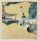 Paul Klee – Garden Still Life: Een verstild tafereel met tuinmeubilair, een gieter en groene schaduwen in zachte aquareltinten.