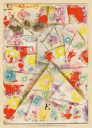 Paul Klee – Gedenkblatt E: Kleurrijke zachte vlakken, fijne lijnen, ogen en de letter E vormen een speelse abstracte compositie.