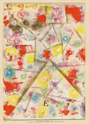 Paul Klee – Gedenkblatt E: Kleurrijke zachte vlakken, fijne lijnen, ogen en de letter E vormen een speelse abstracte compositie.