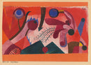 Paul Klee – Giftbeeren (Poisonous Berries): Een rode compositie met donkerblauwe bessenachtige vormen, bladeren en gebogen lijnen.