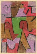 Paul Klee – Indianisch: Zwarte tekens verdelen rode, groene, bruine en paarse kleurvlakken in een levendige compositie.