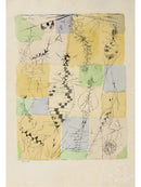Paul Klee – Insekten: Fijne zwarte lijnen en insectachtige vormen op zachte gele en groene kleurvlakken, met een lichte papierrand.