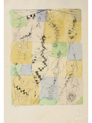 Paul Klee – Insekten: Fijne zwarte lijnen en insectachtige vormen op zachte gele en groene kleurvlakken, met een lichte papierrand.