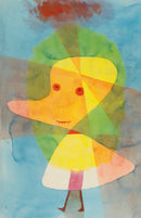 Paul Klee – Kleiner Gartengeist (Small Garden Ghost): Een fantasiefiguur met roodachtige ogen, een geel gezicht en zachte roze en blauwe kleurvlakken.