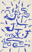 Paul Klee – Kriechendes und Baumendes (Creeper and Climber): Losse blauwe tekens en kronkelende lijnen vullen een lichte crème achtergrond.