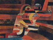 Paul Klee – Lovers: Verweven figuren en geometrische patronen in rood, zwart en warme bruintinten.