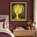 Paul Klee - Portrait of a Violet-Eyed Woman (1921) in een slaapkamer met pruimkleurige muur boven een licht eiken nachtkastje