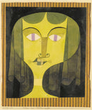 Paul Klee – Portrait of a Violet-Eyed Woman: Een geelgroen gezicht met violette ogen en donkere haren, omgeven door een gestreepte rand.