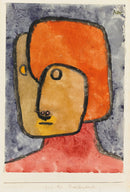 Paul Klee – Praetendent (Pretender): Een gestileerd gezicht in geel en oranjerood, omlijnd met zwart, tegen een grijsblauwe achtergrond.