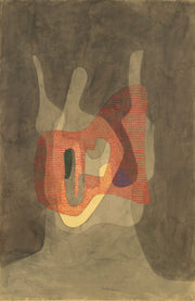 Paul Klee – Schützerin (Protectress): Gelaagde figuurvormen in gedempt bruin, rood en beige met een fijn rasterpatroon.