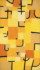 Paul Klee – Signs in Yellow: Gele en oranje rechthoekige vlakken worden doorkruist door krachtige zwarte tekens.