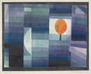 Paul Klee – The Harbinger of Autumn: Blauwe, groene en paarse vlakken met een opvallend oranje rond accent vormen een geometrische compositie.