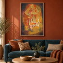Paul Klee - The Man Under the Pear Tree (1921) in een warme woonkamer boven een petrolkleurige bank