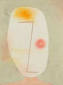 Paul Klee – Untitled (Kopf): Een gestileerd ovaal gezicht met dunne rode lijnen, een oranje accent en een roze cirkel op een zachte grijsgroene achtergrond.