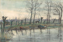 Piet Mondriaan – Amsterdam Skyline Viewed from the West: Een verstild stadslandschap met kale bomen, water en de Amsterdamse skyline in zachte grijsgroene tinten.