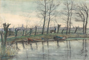Piet Mondriaan – Amsterdam Skyline Viewed from the West: Een verstild stadslandschap met kale bomen, water en de Amsterdamse skyline in zachte grijsgroene tinten.