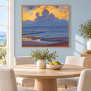 Piet Mondriaan - By the Sea (1909) in een eiken lijst in een lichte eetkamer met een zachtblauwe muur