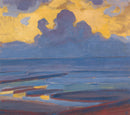 Piet Mondriaan – By the Sea: Een kleurrijk zeegezicht met blauwe en paarse wolken boven een horizon en een warme gele lucht.
