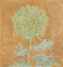 Piet Mondriaan – Chrysanthemum: Een grote lichtgroene chrysant op een okerkleurige achtergrond, met een slanke steel en bladeren.