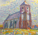 Piet Mondriaan – Church In Zoutelande: Een kerk met toren in paarsblauwe tinten, omringd door gele en groene kleurtoetsen.