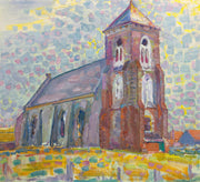 Piet Mondriaan – Church In Zoutelande: Een kerk met toren in paarsblauwe tinten, omringd door gele en groene kleurtoetsen.