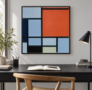 Piet Mondriaan - Composition (1921) in een zwarte lijst boven een bureau in een moderne werkkamer