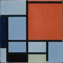 Piet Mondriaan – Composition: Geometrische vlakken in rood, blauwgrijs en zwart, gescheiden door stevige zwarte lijnen.