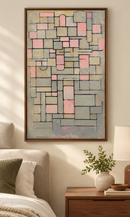 Piet Mondriaan - Composition 8 (1914) in een walnoten lijst boven een bed met een linnen hoofdbord