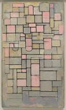Piet Mondriaan – Composition 8: Een fijn netwerk van rechthoeken in gedempt roze, grijs en beige op een hoge compositie.