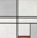 Piet Mondriaan – Composition (No. 1) Gray-Red: Een lichte geometrische compositie met dunne dubbele zwarte lijnen en een klein rood vlak onderaan.