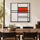 Piet Mondriaan - Composition of Red and White: Nom 1 / Composition No. 4 with Red and Blue (1938–1942) in een zwarte lijst bij een walnoten eettafel met zwarte stoelen