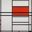 Piet Mondriaan – Composition of Red and White: Nom 1 / Composition No. 4 with Red and Blue: Zwarte lijnen op een witte achtergrond, met een groot rood vlak en kleine kleuraccenten aan de randen.