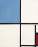 Piet Mondriaan – Composition with Blue and Red: Een geometrische compositie met een groot blauw vlak, zwarte lijnen, lichte vlakken en een klein rood accent.