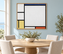 Piet Mondriaan - Composition with Blue, Red, Yellow, and Black (1922) in een eiken lijst in een lichte eetkamer met een zachtblauwe muur