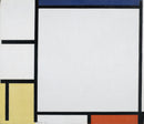 Piet Mondriaan – Composition with Blue, Red, Yellow, and Black: Zwarte lijnen verdelen witte vlakken, met accenten in geel, rood en donkerblauw aan de randen.