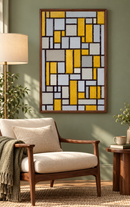 Piet Mondriaan - Composition with Grid 1 (1918) in een walnoten lijst bij een leeshoek met een saliegroene muur