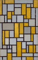 Piet Mondriaan – Composition with Grid 1: Een raster van zwarte lijnen met rechthoekige witte, grijze en gele vlakken.