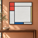Piet Mondriaan - Composition with Red, Yellow, and Blue (1927) in een zwarte lijst boven een walnoten haltafel tegen een terracottakleurige muur