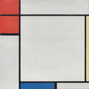Piet Mondriaan – Composition with Red, Yellow, and Blue: Een overwegend lichte compositie met zwarte lijnen, rood linksboven, blauw onderaan en een gele rand.