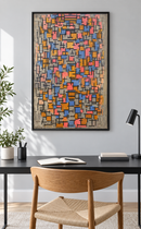 Piet Mondriaan - Composizione (1916) in een zwarte lijst boven een bureau in een moderne werkkamer