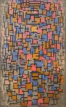 Piet Mondriaan – Composizione: Een dicht netwerk van zwarte lijnen en kleine blauwe, roze, oranje en lichtgekleurde vlakken.