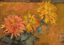 Piet Mondriaan – Drie Chrysanten: Drie chrysanten in warme gele, oranje en roze tinten tegen een bruinachtige achtergrond.