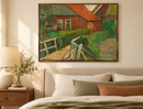 Piet Mondriaan - Farm Building With Bridge (circa 1899) in een walnoten lijst boven een bed met een linnen hoofdbord