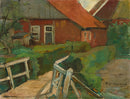 Piet Mondriaan – Farm Building With Bridge: Een boerderij met rode muren, een bruggetje en groen gras langs het water.