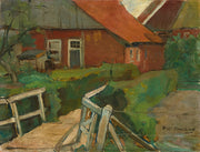 Piet Mondriaan – Farm Building With Bridge: Een boerderij met rode muren, een bruggetje en groen gras langs het water.