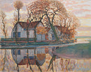 Piet Mondriaan – Farm near Duivendrecht: Een boerderij achter kale bomen, weerspiegeld in rustig water onder een zachtgekleurde lucht.