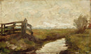 Piet Mondriaan – Irrigation ditch with wood gate at left: Een landelijke sloot met een houten hek links, een lage horizon en een bewolkte lucht.
