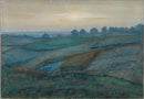Piet Mondriaan – Landscape near Arnhem: Een wijds landschap met blauwe en groene velden onder een lichte, bewolkte hemel.